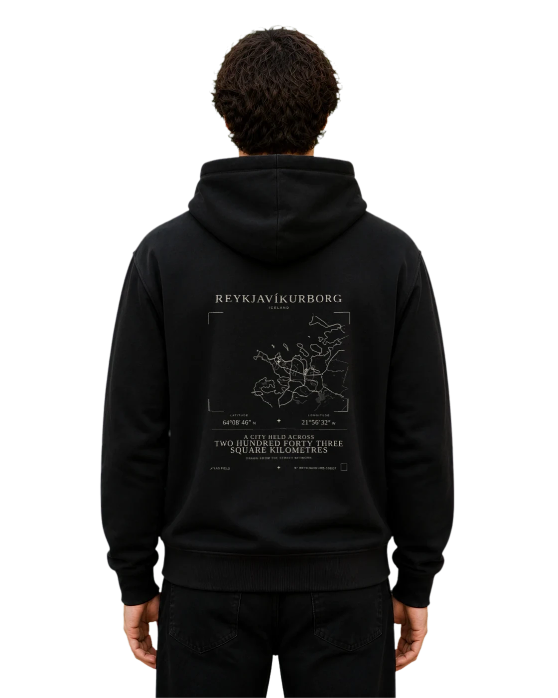 Reykjavíkurborg hoodie, black, back view