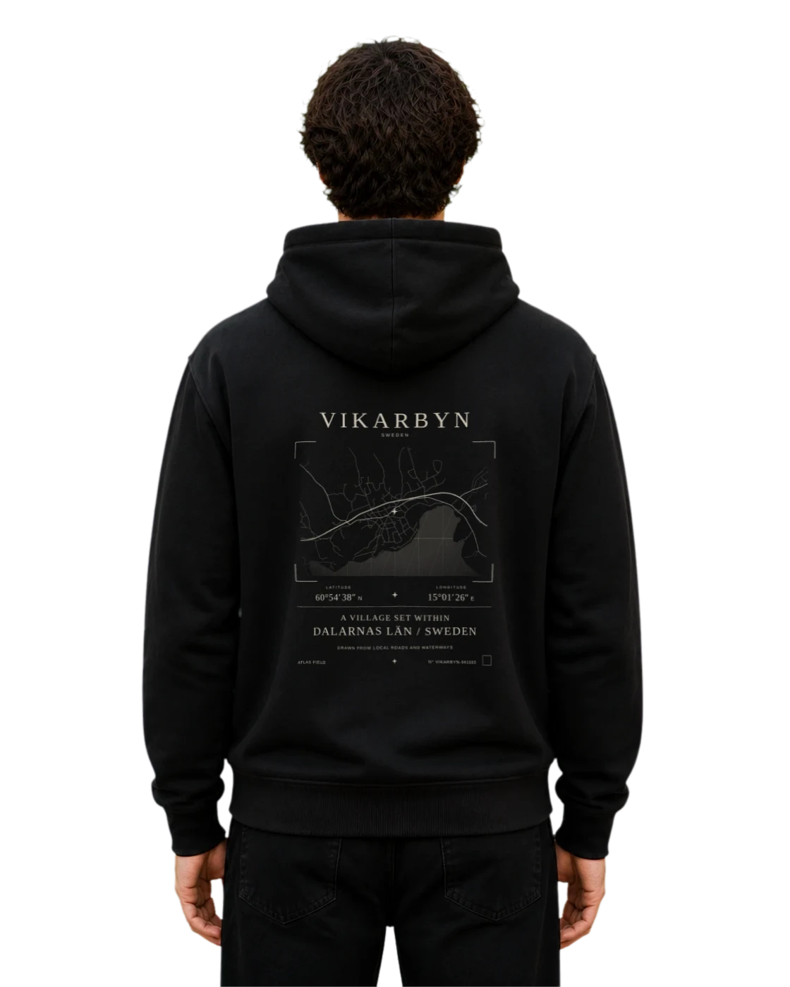 Vikarbyn hoodie, black, back view