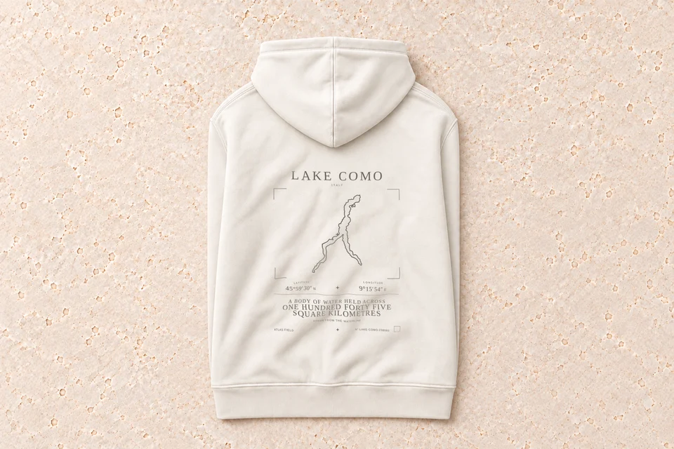 Folded hoodie, back — Lake Como Atlas Signature