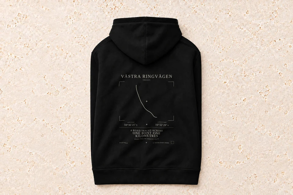 Folded hoodie, back — Västra Ringvägen Atlas Signature